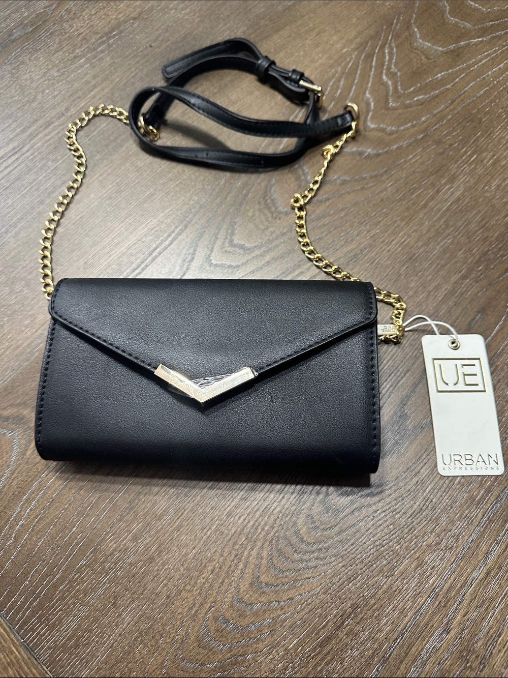 Urban Expressions Black Faux-Leather Envelope Crossbody with Gold Chain